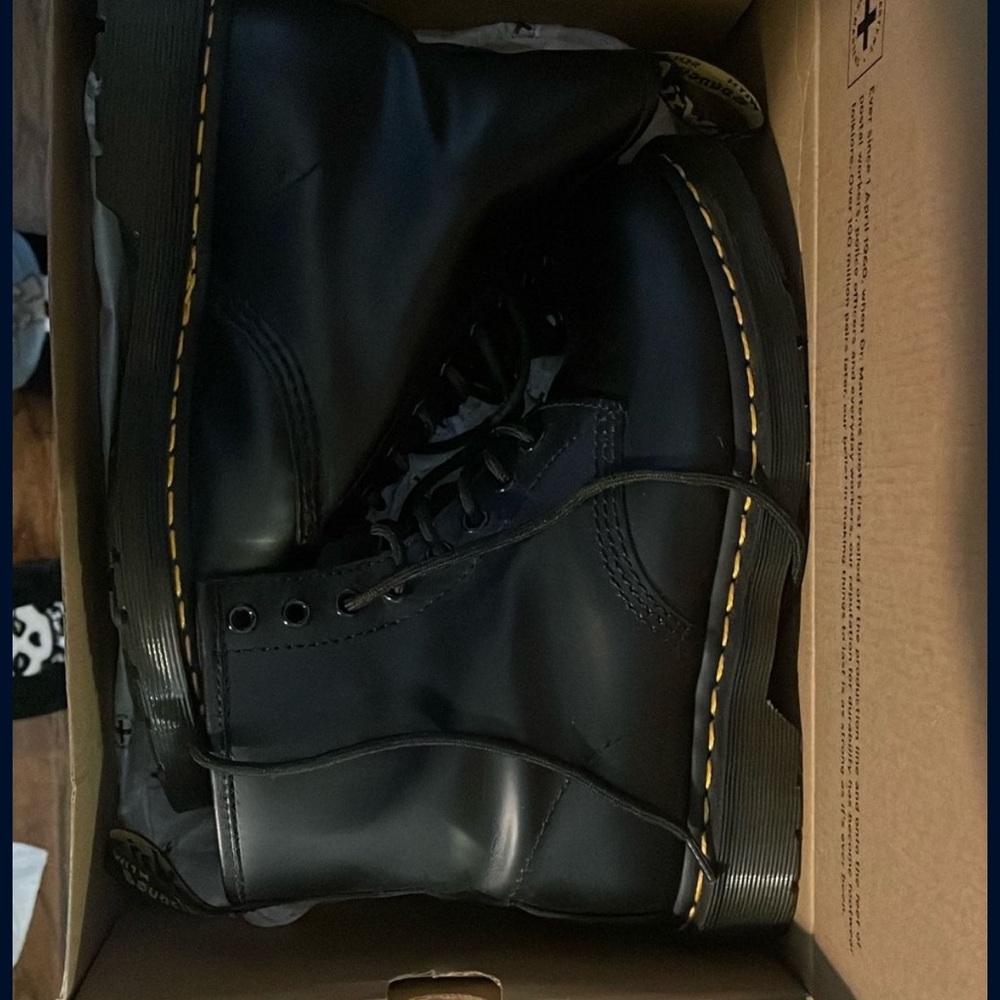 Dr. Martens Black Leather Boots with Yellow Stitching